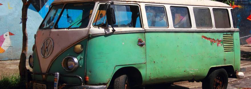 green and white Volkswagen T2