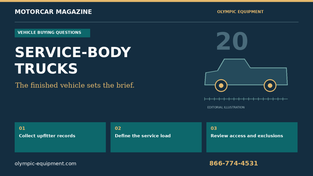 SERVICE-BODY TRUCKS: Collect upfitter records; Define the service load; Review access and exclusions. Olympic Equipment 866-774-4531. Editorial category illustration, not a fit diagram.