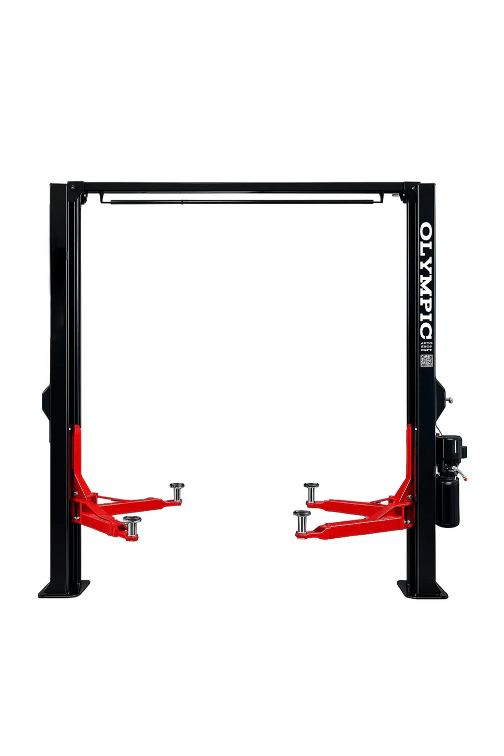 Olympic clear-floor two-post lift with black columns and red arms